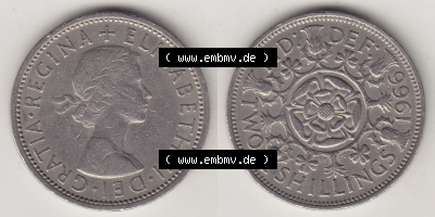 Münzen Großbritannien Eurovorläufer, Umlaufmünze vor Euroeinführung 1954-1970, 2 Schilling - Shillings 1966 (Stück 4). Vorderseite... Sammlung