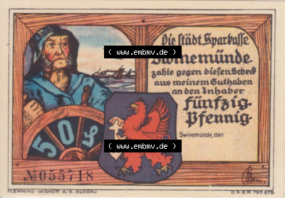 Notgeldscheine aus Swinemünde Scheck 50 Pfennig (1) Sammlung