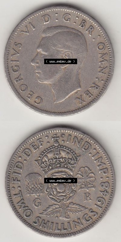 Münzen Großbritannien Eurovorläufer, Umlaufmünze vor Euroeinführung 1947-1948, 2 Schilling - Shillings 1949 (Stück 2). Vorderseite... Sammlung