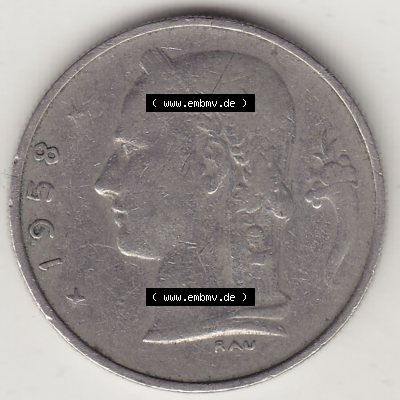 Münzen Belgien Eurovorläufer, Umlaufmünze vor Euroeinführung 1950-1988, 1 FR-Franken 1958 België. Rückseite einer Münze aus Europa als Digitales Bild... Sammlung