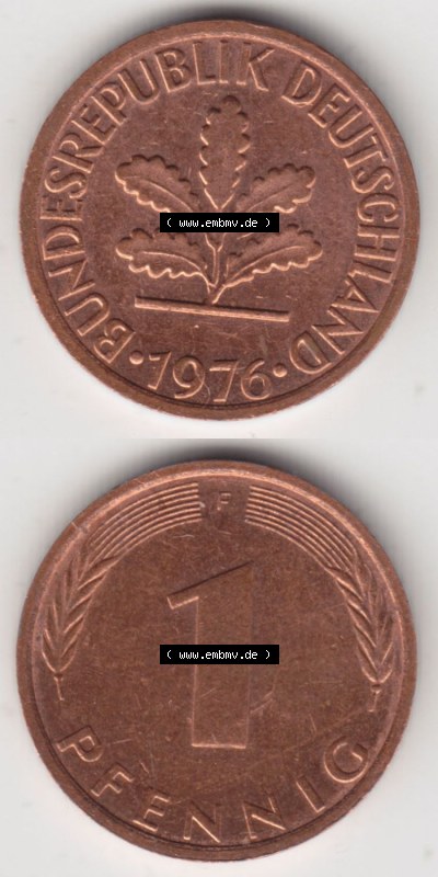 Münzen Deutschland 1 Pfennig-Deutsche Mark 1950-2001, 1 Pfennig 1976 F. Vorderseite und Rückseite in vertikaler Ansicht, einer... Sammlung
