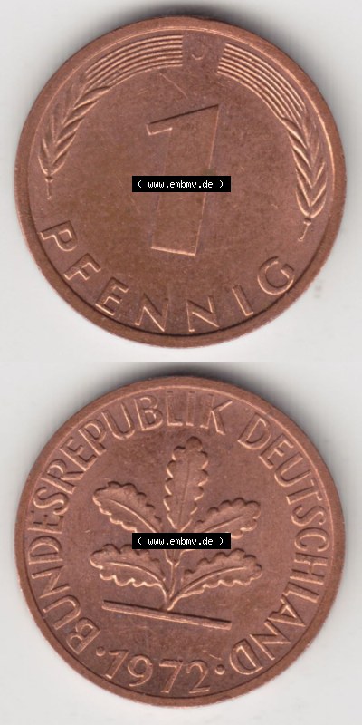Münzen Deutschland 1 Pfennig-Deutsche Mark 1950-2001, 1 Pfennig 1972 J. Rückseite und Vorderseite in vertikaler Ansicht für... Sammlung