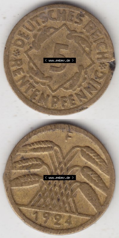 Münzen Deutschland 1918-1932 Weimarer Republik 1924-1936, 5 Reichspfennig F, 1924 I (4) Sammlung