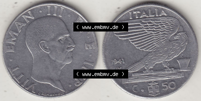 Münzen Italien / Italia Eurovorläufer, Umlaufmünze vor Euroeinführung 1939-1943, 50 Centesimi, Cent, Viktor Emanuael III.,... Sammlung