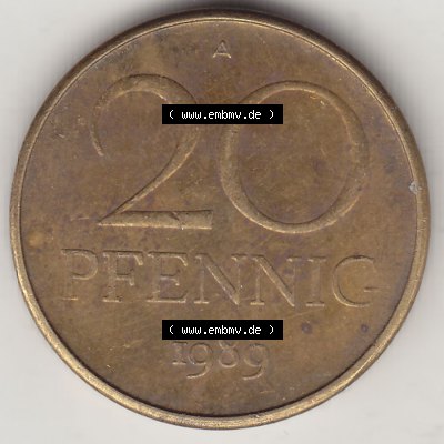 Münzen Deutschland DDR 1969-1990, 20 Pfennig 1989-1, DDR-Telefonmünze. Rückseite einer 20 Pfennig Münze / Umlaufmünze in der DDR auch als Telefonmünze... Sammlung