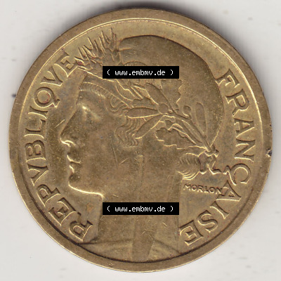 Alte Münzen Frankreich, Kursmünzensatz Zeitraum 1917-1952, der Münze 1931-1941, 1 Franken, Franc, 1939. Vorderseite einer Münze... Sammlung