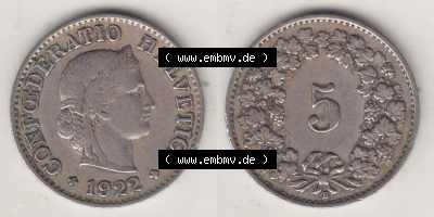 Münzen Schweiz Eurovorläufer, Umlaufmünze 1879-1980, 5 Rappen 1922 Helvetica (3) Sammlung