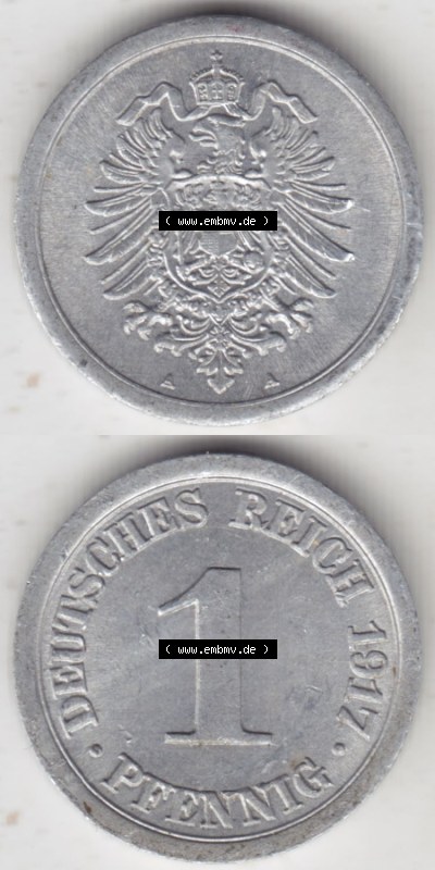 Münzen Deutschland 1918-1932 Weimarer Republik 1916-1918, 1 Pfennig A 1917 I. (4) Sammlung