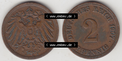 Münzen Deutschland 1871-1918 Kaiserreich 1904-1916, 2 Pfennig A, 1907 (3) Sammlung
