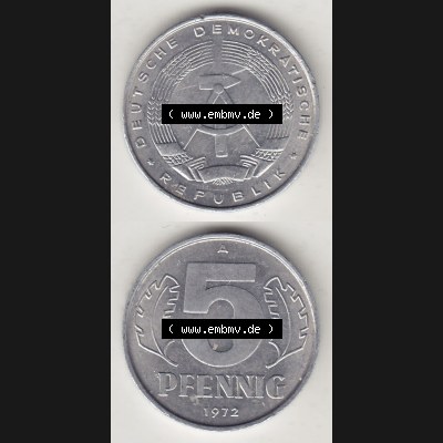 Münzen Deutschland DDR 1968-1990, A 5 Pfennig 1972-1. Vorderseite und Rückseite einer Münze in Vertikaler Ausrichtung auf einen Bild, einer 5 Pfennig Münze der ehemaligen... Sammlung