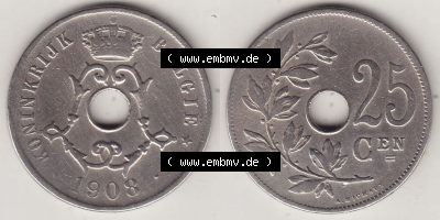Münzen Belgien Eurovorläufer, Umlaufmünze vor Euroeinführung 1908-1908, 25 Centime - Cen - BELGIË (3) Sammlung