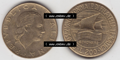 Münzen Italien / Italia Eurovorläufer, Gedenkmünze vor Euroeinführung 1992-1992, 200 Lire Briefmarkenausstellung in Genua.... Sammlung