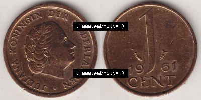 Münzen Niederlande / Netherlands Eurovorläufer, Umlaufmünze vor Euroeinführung 1950-1980, 1 Cent 1961, alte Münze (3) Sammlung