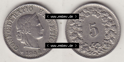 Münzen Schweiz Eurovorläufer, Umlaufmünze 1879-1980, 5 Rappen 1944 Helvetica (3) Sammlung