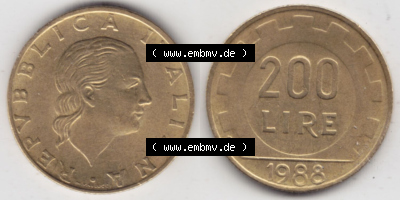 Münzen Italien / Italia Eurovorläufer, Gedenkmünze vor Euroeinführung 1977-2001, 200 Lire, Zahnrad 1988 (Stück 1). Rückseite... Sammlung