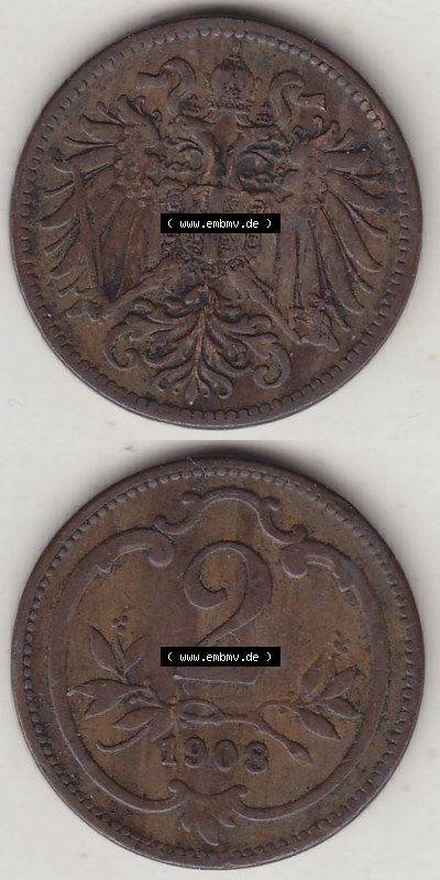 Münzen Österreich / Austria Eurovorläufer, Umlaufmünze vor Euroeinführung 1892-1915, 2 Heller 1908 (4) Sammlung