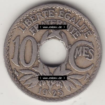 Münzen Frankreich Eurovorläufer, Umlaufmünze vor Euroeinführung 1917-1938, 10 Centimes - Cmes 1925. Rückseite einer Münze aus Europa als Digitales Bild... Sammlung