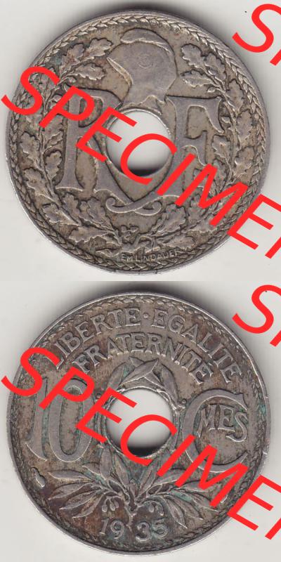 Münzen Frankreich Eurovorläufer, Umlaufmünze vor Euroeinführung 1917-1938, 10 Centimes - Cmes 1935-4. Vorderseite und Rückseite Vertikal Untereinander,... Sammlung