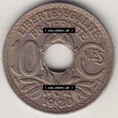 Rückseite einer 10 Cmes / Centimes / Cent Münze aus Frankreich in Europa Sammlung