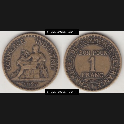 Münzen Frankreich Eurovorläufer, Umlaufmünze vor Euroeinführung 1920-1927, 1 Franken BON POUR 1 FRANC 1925. Vorderseite und Rückseite Nebeneinander einer Münze... Sammlung