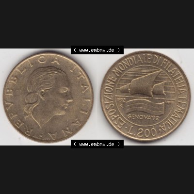 Münzen Italien / Italia Eurovorläufer, Gedenkmünze vor Euroeinführung 1992-1992, 200 Lire Briefmarkenausstellung in Genua. Rückseite und Vorderseite horizontal... Sammlung