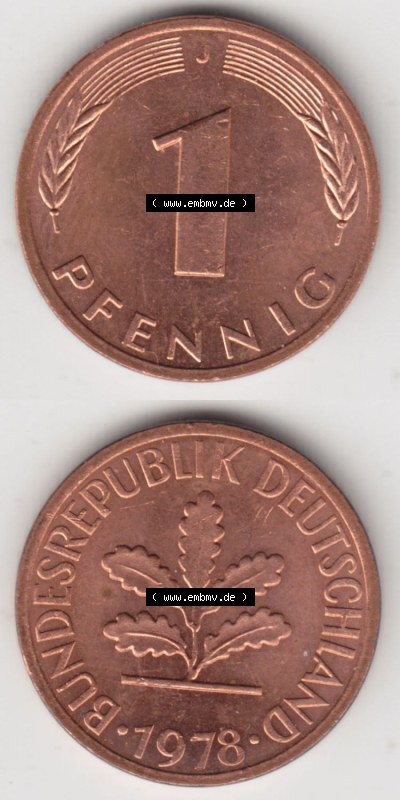 Münzen Deutschland 1 Pfennig-Deutsche Mark 1950-2001, 1 Pfennig 1978 J. Bildmaterial mit Rückseite und Vorderseite in vertikaler... Sammlung