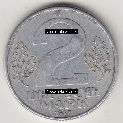 Münzen Deutschland DDR 1957-1957, A 2 Deutsche Mark 1957 (Stück 2). Rückseite einer 2 Mark Münze / Umlaufmünze aus Deutschland... Sammlung