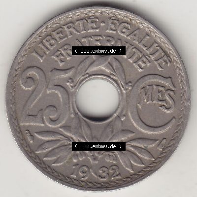Münzen Frankreich Eurovorläufer, Umlaufmünze vor Euroeinführung 1917-1937, 25 Cmes, Centimes 1932-1 LIBERTE EGALITE FRATERNITE. Rückseite einer Münze... Sammlung
