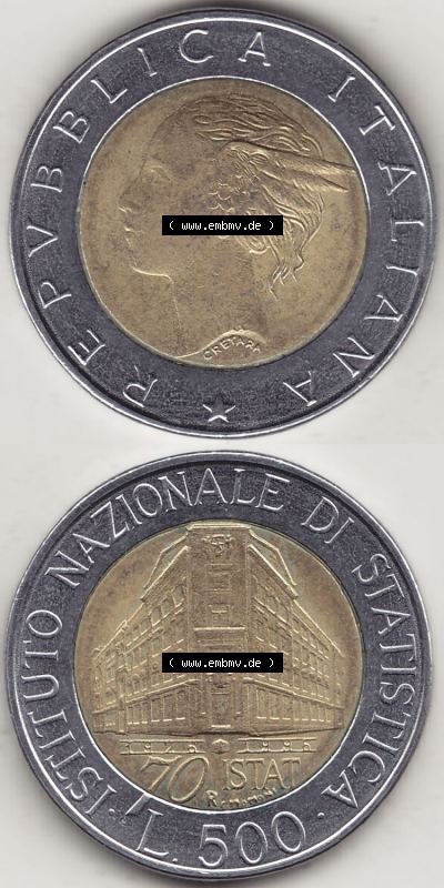Münzen Italien / Italia Eurovorläufer, Gedenkmünze vor Euroeinführung 1996-1996, 500 Lire, 70 Jahre Nationales Institut für... Sammlung