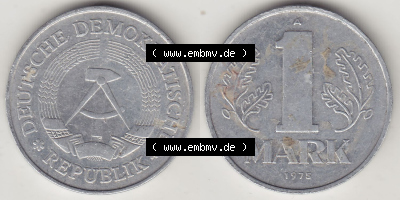 Münzen Deutschland DDR 1972-1990, A 1 Mark 1975. Vorderseite und Rückseite Nebeneinander einer 1 Mark Münze / Umlaufmünze... Sammlung