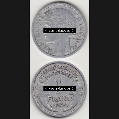 Münzen Frankreich Eurovorläufer, Umlaufmünze vor Euroeinführung 1941-1959, 1 Franken - Francs 1945. Vorderseite und Rückseite Vertikal Untereinander, passend... Sammlung