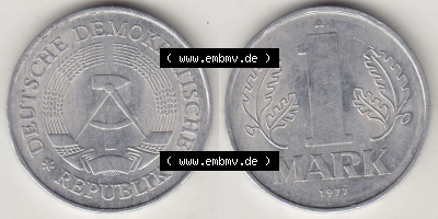 Münzen Deutschland DDR 1972-1990, A 1 Mark 1977 (Stück 2). Vorderseite und Rückseite Nebeneinander einer 1 Mark Münze / Umlaufmünze... Sammlung