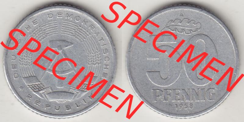 Münzen Deutschland DDR 1958-1990, A 50 Pfennig 1958-2 der DDR-Mark. Vorderseite und Rückseite Nebeneinander einer 50 Pfennig Münze / Umlaufmünze aus Deutschland der... Sammlung