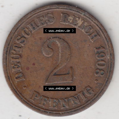Münzen Deutschland 1871-1918 Kaiserreich 1904-1916, 2 Pfennig A, 1908 I. (1) Sammlung