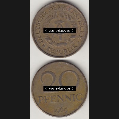 Münzen Deutschland DDR 1969-1990, 20 Pfennig 1969-6, DDR-Telefonmünze. Vorderseite und Rückseite Vertikal Untereinander, passend für Mobile-Geräte,... Sammlung