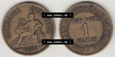 Münzen Frankreich Eurovorläufer, Umlaufmünze vor Euroeinführung 1920-1927, 1 Franken BON POUR 1 FRANC 1924 (Stück 2). Vorderseite... Sammlung