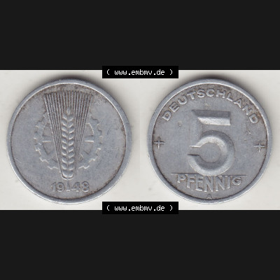 Münzen Deutschland DDR 1948-1950, A 5 Pfennig 1948-3. Vorderseite und Rückseite einer Münze auf einen Bild, einer 5 Pfennig Münze der ehemaligen DDR in Europa als... Sammlung