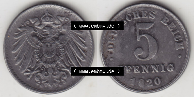 Münzen Deutschland 1918-1932 Weimarer Republik 1915-1922, 5 Pfennig D, 1920 (3) Sammlung