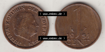 Münzen Niederlande / Netherlands Eurovorläufer, Umlaufmünze vor Euroeinführung 1950-1980, 1 Cent 1951 Juliana (3) Sammlung