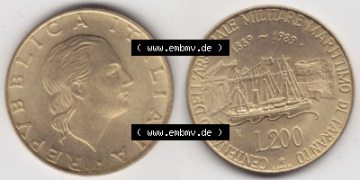 Münzen Italien / Italia Eurovorläufer, Gedenkmünze vor Euroeinführung 1989-1989, 200 Lire Marinebasis Tarent. Rückseite und... Sammlung