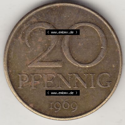Münzen Deutschland DDR 1969-1990, 20 Pfennig 1969-5, DDR-Telefonmünze. Rückseite einer 20 Pfennig Münze / Umlaufmünze in der DDR auch als Telefonmünze... Sammlung
