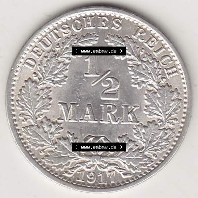 Münzen Deutschland 1871-1918 Kaiserreich Silbermünze 1905-1919, 1/2 Mark A 1917. Rückseite einer Münze aus dem Deutschen Kaiserreich in Europa als Digitales Bild /... Sammlung