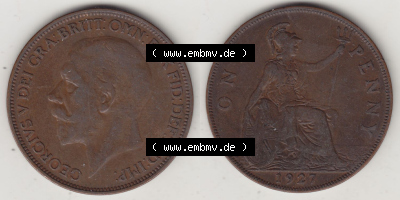 Münzen Großbritannien Eurovorläufer, Umlaufmünze vor Euroeinführung 1927-1927, 1 One Penny, 1927 (Stück 1), George V, BM... Sammlung