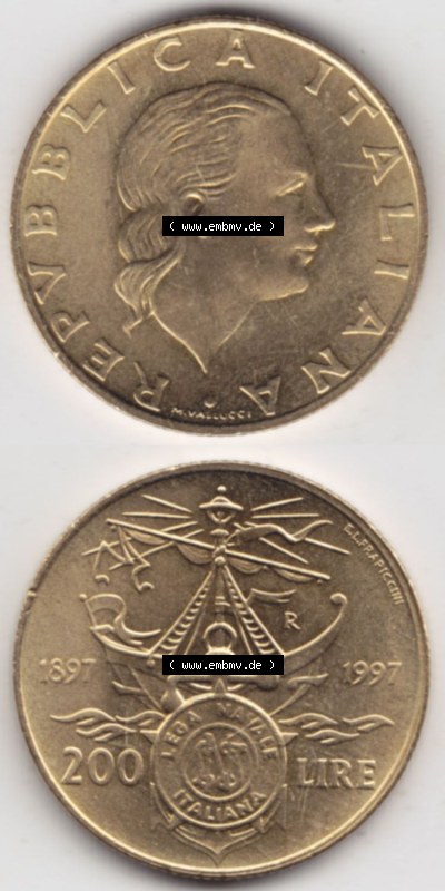 Münzen Italien / Italia Eurovorläufer, Gedenkmünze vor Euroeinführung 1997-1997, 200 Lire Italienische Meeresliga. Rückseite... Sammlung