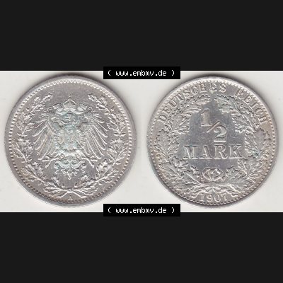 Münzen Deutschland 1871-1918 Kaiserreich Silbermünze 1905-1919, 1/2 Mark A 1907. Vorderseite und Rückseite Nebeneinander einer Münze aus Europa dem Deutschen Kaiserreich... Sammlung