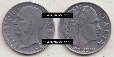 Münzen Italien / Italia Eurovorläufer, Umlaufmünze vor Euroeinführung 1939-1943, 20 C. Centesimi, Cent 1941 (Stück 1). Rückseite... Sammlung