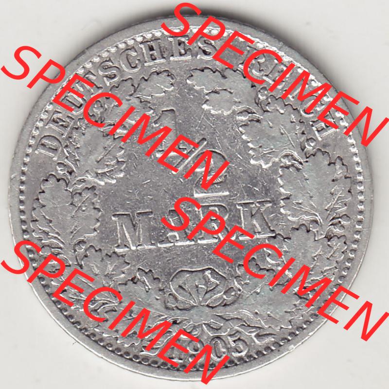 Münzen Deutschland 1871-1918 Kaiserreich Silbermünze 1905-1919, 1/2 Mark A 1905. Rückseite einer Münze aus dem Deutschen Kaiserreich in Europa als Digitales Bild /... Sammlung