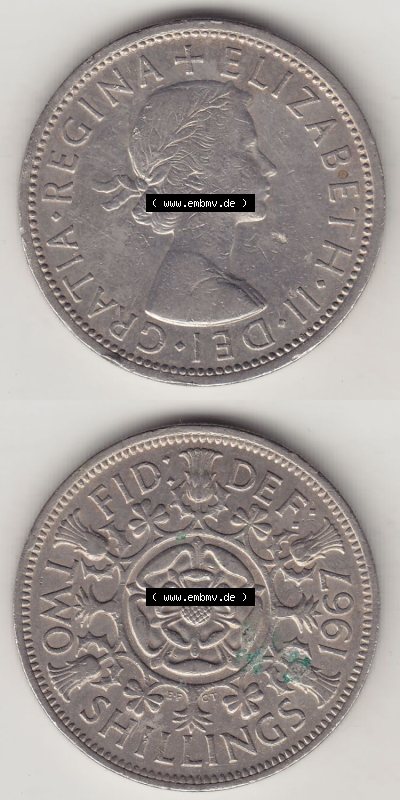 Münzen Großbritannien Eurovorläufer, Umlaufmünze vor Euroeinführung 1954-1970, 2 Schilling - Shillings 1967 (Stück 1). Vorderseite... Sammlung