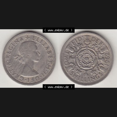 Münzen Großbritannien Eurovorläufer, Umlaufmünze vor Euroeinführung 1954-1970, 2 Schilling - Shillings 1962-1. Vorderseite und Rückseite horizontal nebeneinander... Sammlung