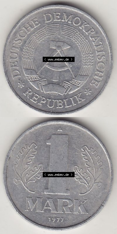 Münzen Deutschland DDR 1972-1990, A 1 Mark 1977 (Stück 1). Vorderseite und Rückseite Vertikal Untereinander, passend für Mobile-Geräte,... Sammlung